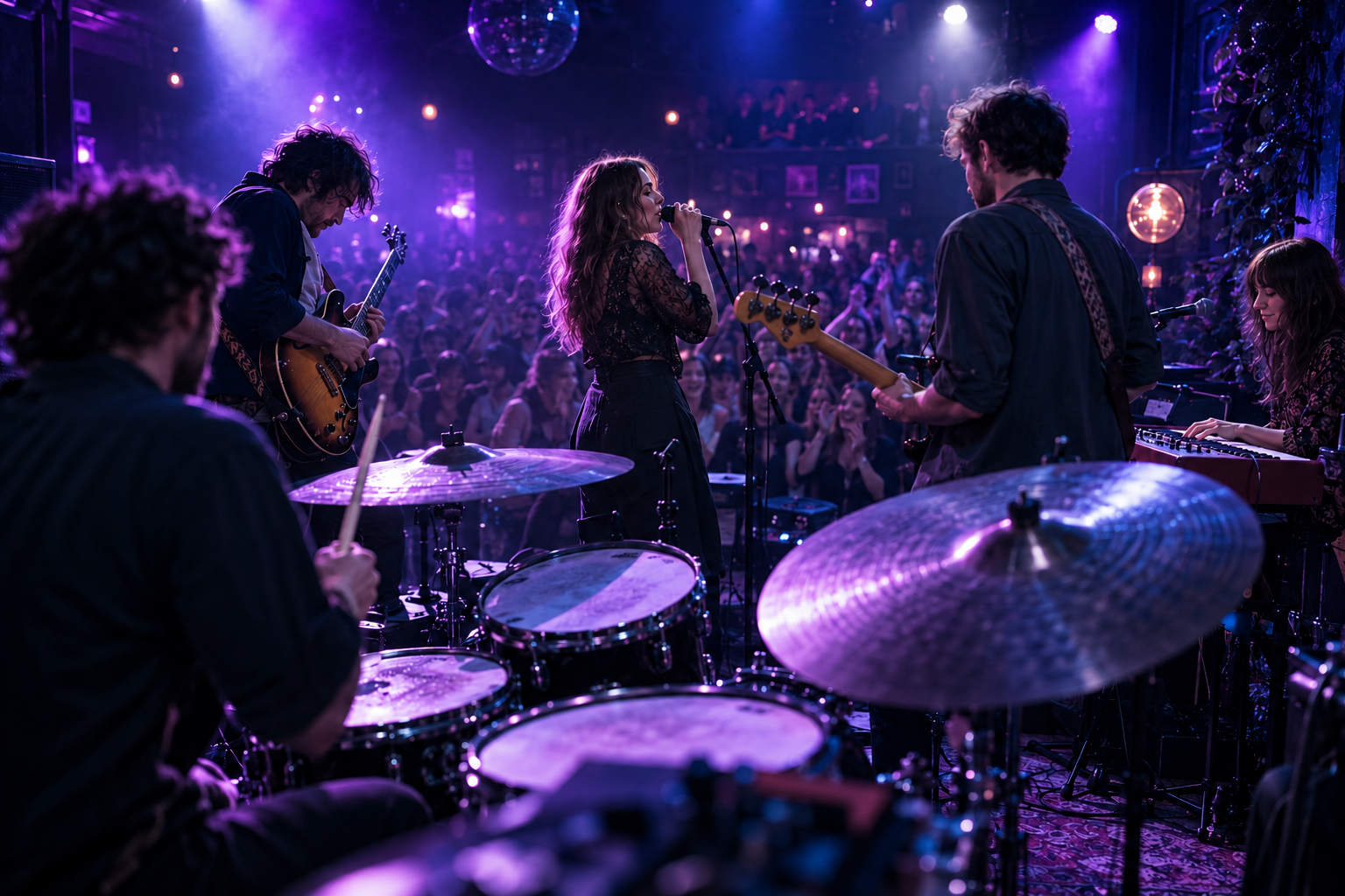 A five-piece band performing together in an intimate live music venue